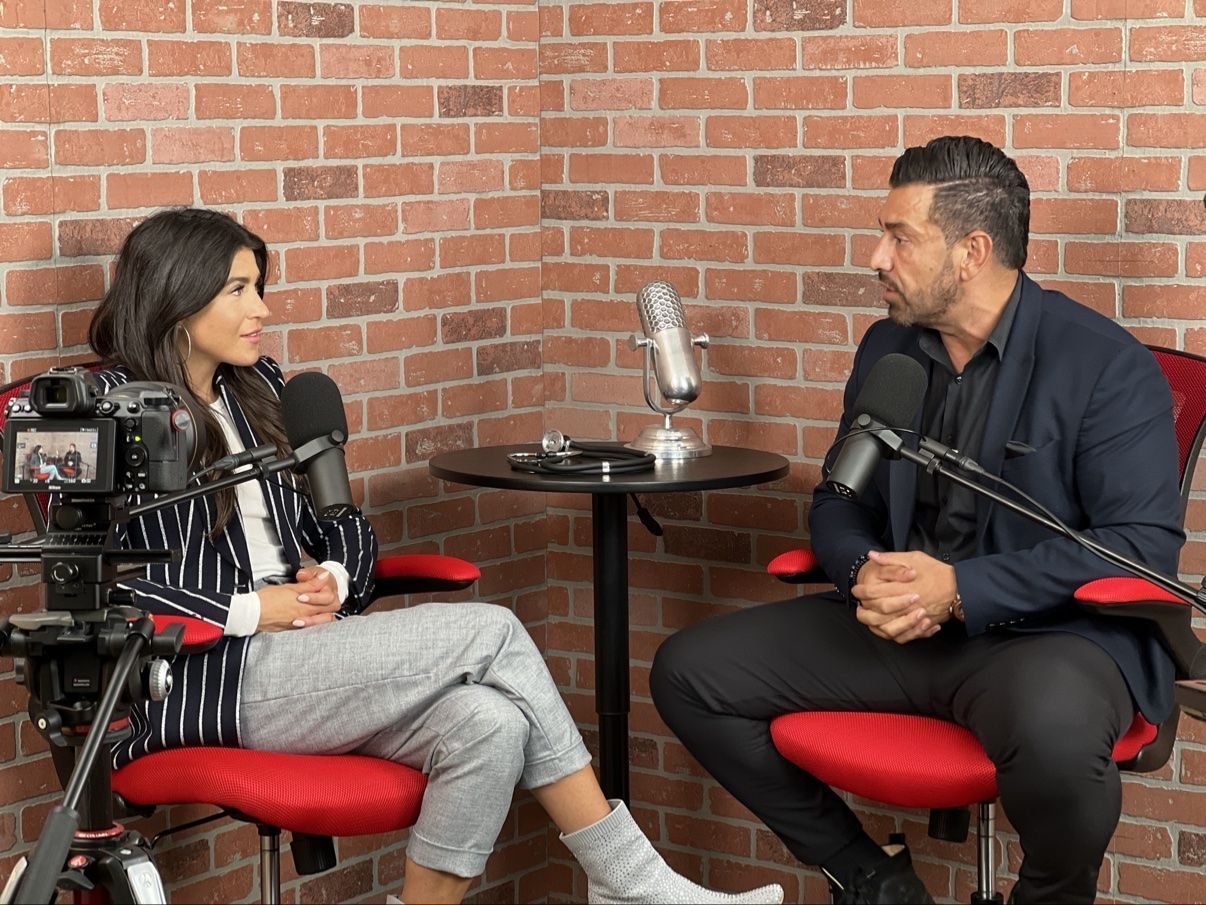 A conversation recorded in a podcast studio